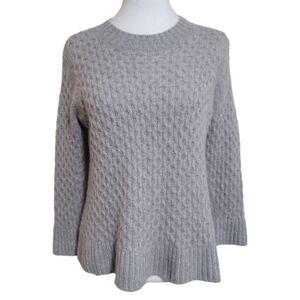 Qi Cashmere Gray Textured Honeycomb Knit Crew Neck Sweater, L,Quiet Luxury, Soft